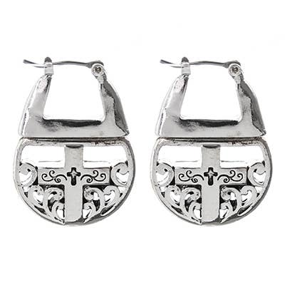 FR2445 Filigree Cross Designer Look Metal Hoop Earrings for wholesale by 0011 PREMIERE
