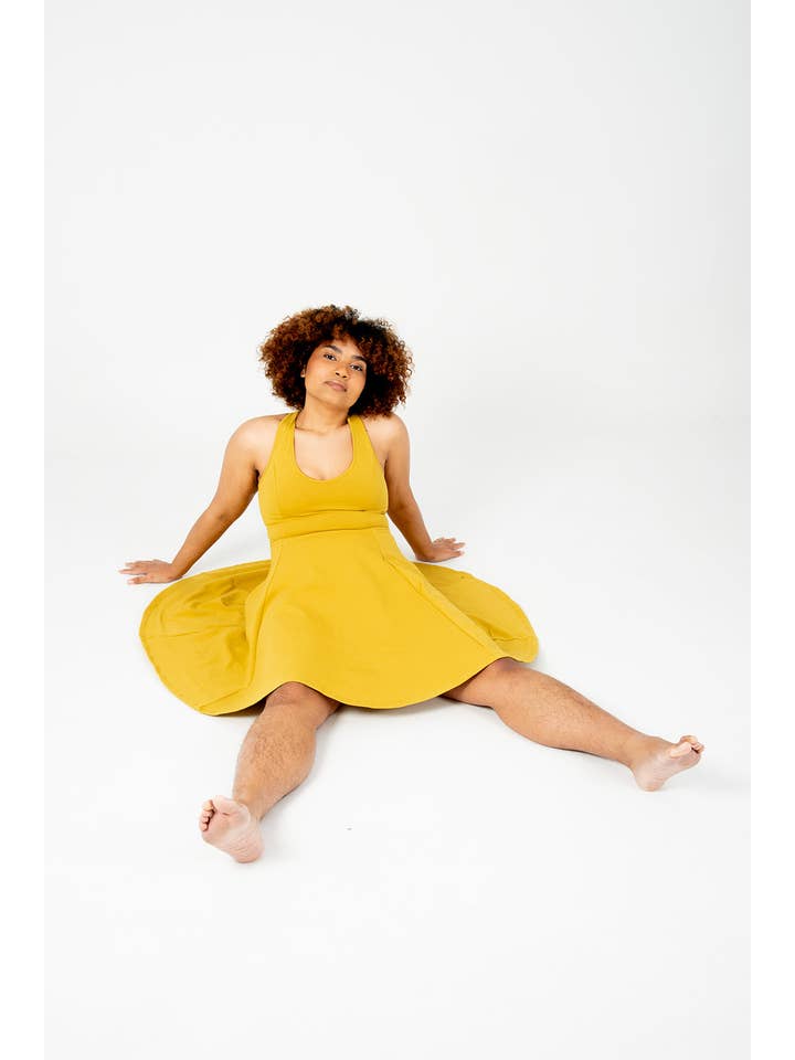 Asri Cross Back Mini Dress In Mustard Seed for wholesale on Faire