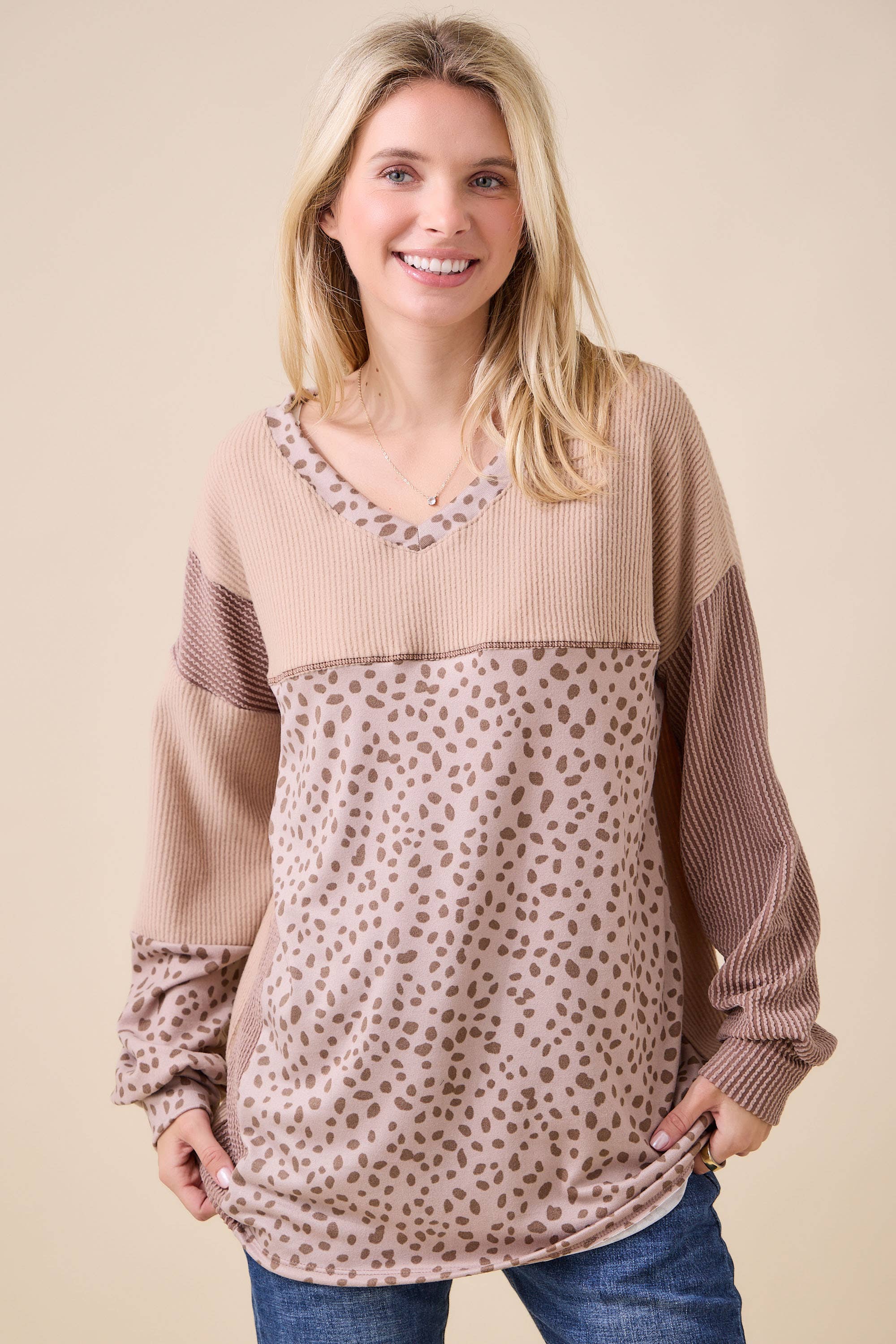 Celeste Clothing - Wholesale Knit Top - Women's - WOMEN'S RIB COLOR BLOCK ANIMAL PRINT LONG SLEEVE TOP3