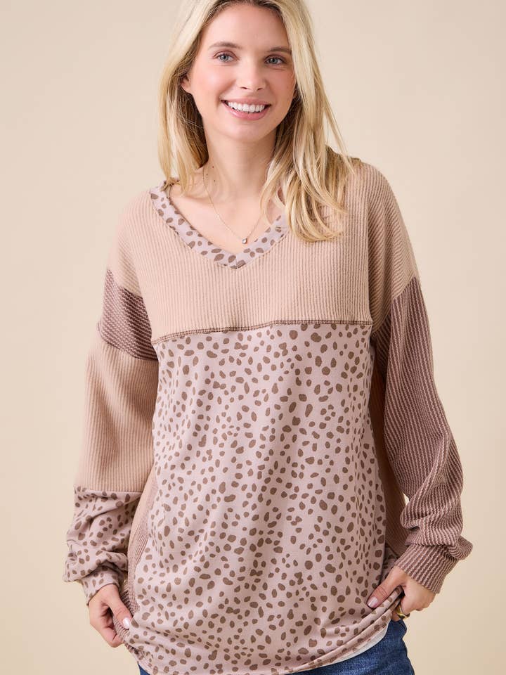 Celeste Clothing - Wholesale Knit Top - Women's - WOMEN'S RIB COLOR BLOCK ANIMAL PRINT LONG SLEEVE TOP3