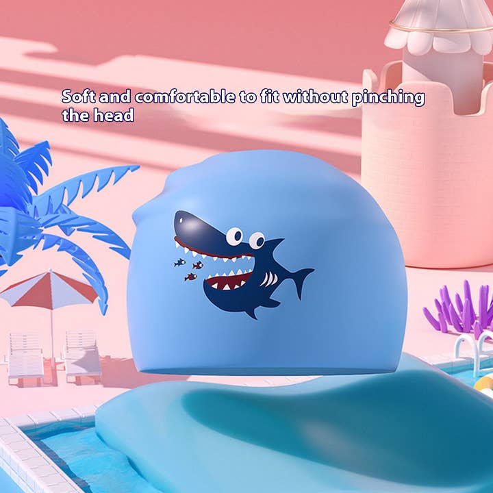 Blue Boys' Silicone Swim Cap – Cute Shark Print_CWMM6784 for wholesale on Faire