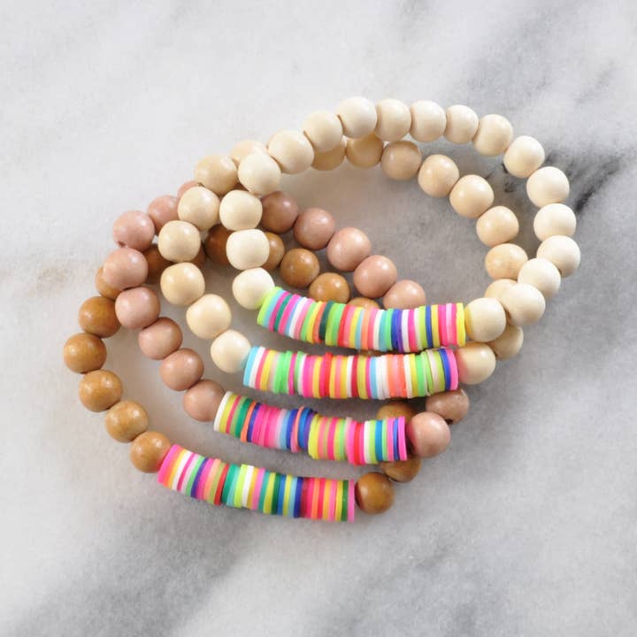 Heishi and Wood Stretch Bracelets for wholesale by Libby & Smee