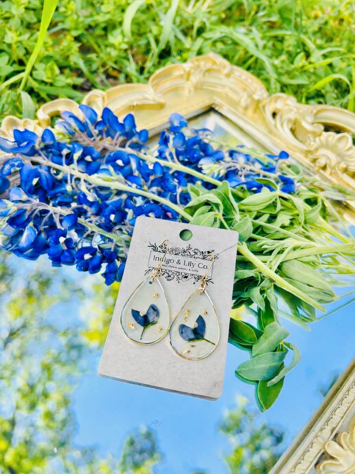 Pressed Bluebonnet Earrings, Texas, 14k gold filled for wholesale by Indigo & Lily Co.