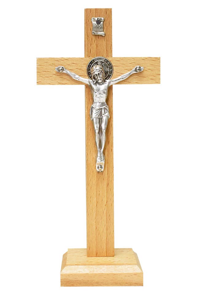 Cruz de pie religiosa crucifijo San Benito madera para venta al por mayor de Hail Mary Gifts
