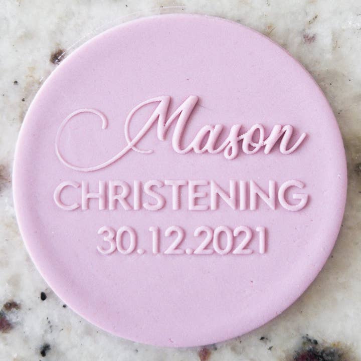 CUSTOM Christening Name Date Biscuit Cookie POPup Embosser Stamp for wholesale by Cut Bake Stamp