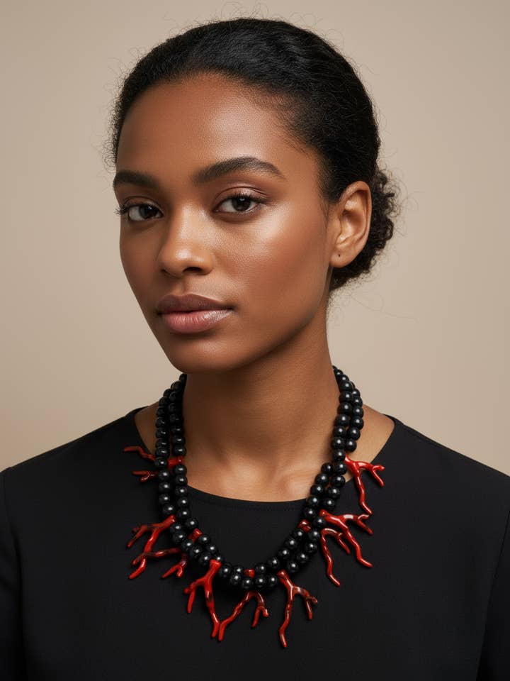 BDL12 - Adjustable red coral Resin and black wood double necklace for wholesale by Gist Jewellery