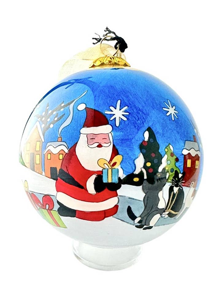 Hand-Painted Glass Ornament - Santa’s Cats for wholesale by Kitty Keller Designs