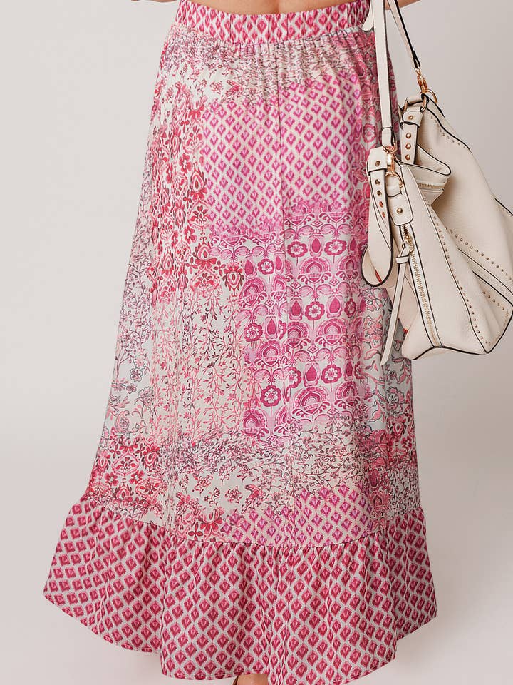 Red Boho Pattern Print Tassel Drawstring High Waist Maxi Dress for wholesale on Faire