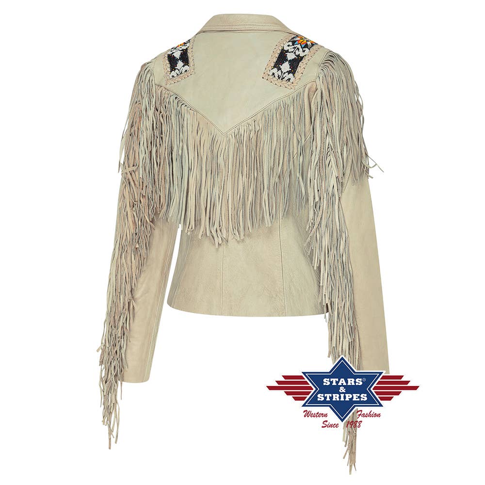 Stars & Stripes® – wholesale Motorcykeljacka - Dam – Westernläderjacka Kiana med fransar och pärldekoration2