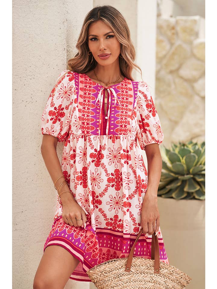 Rose LDC Boho Floral Short Sleeve Lace-up V Neck Mini Dress for wholesale on Faire