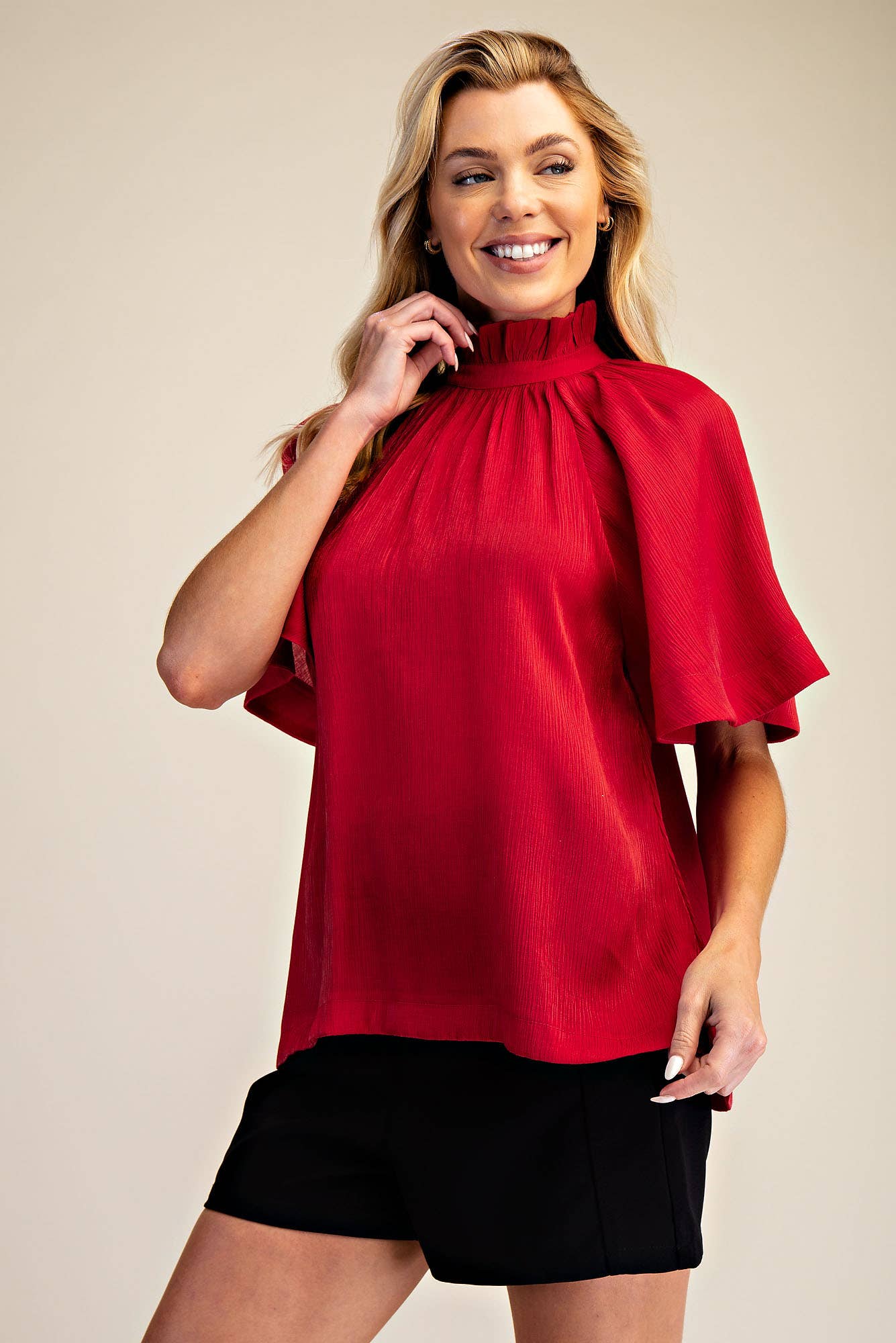 Glam - Wholesale Blouse - Women's - Ruffle Neck Raglan Sleeve Blouse4