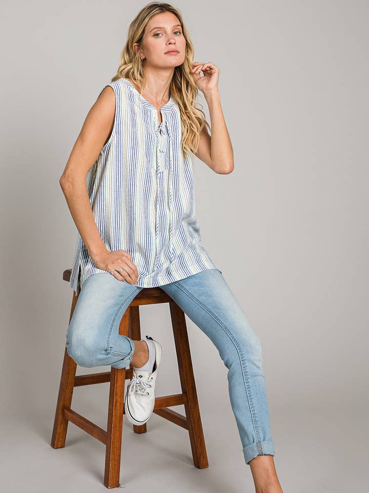 63477W - Women's Striped Cotton Linen Tank Top for wholesale by Cotton Bleu