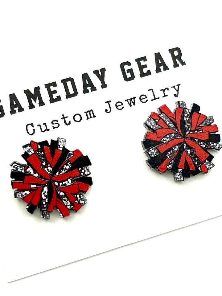 Cheer Pom Stud Earrings - Red / Black / Silver Glitter for wholesale by Cora's Den