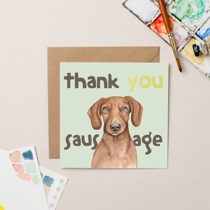 Thank You Sausage Dachshund card with Gold Foil for wholesale by lil wabbit