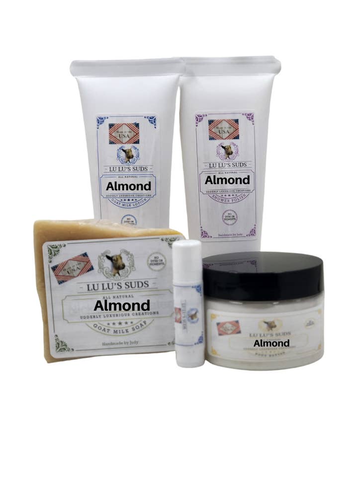 Almond Soap, Lotion, Body Butter, Shower Polish, Gift Set for wholesale by Lu Lu's Suds