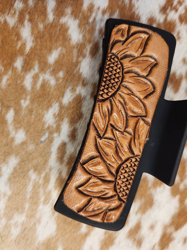 Hand Tooled Sunflower Claw Clip for wholesale by Varnish Bay Leatherwork