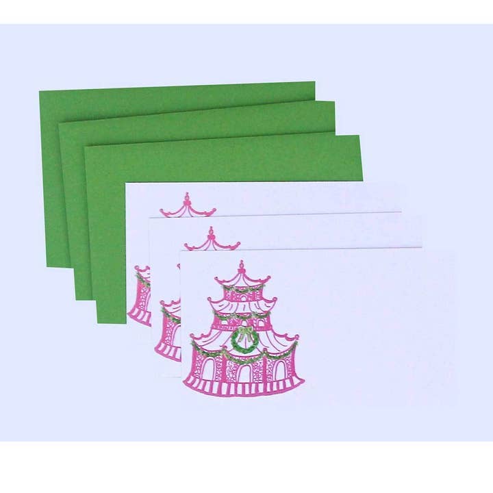 Ensemble de cartes-cadeaux Pagode rose et verte des fêtes pour la vente par Lemondaisy Design