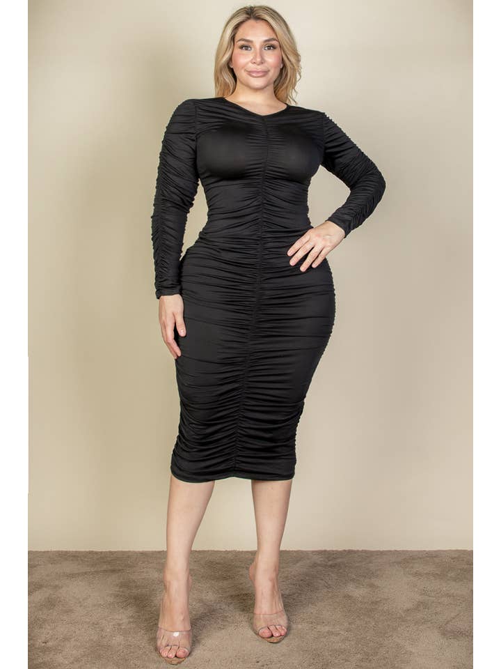 CAPELLA APPAREL - Wholesale Dress - Women's - Plus Size Ruched Long Sleeve Midi Dress4