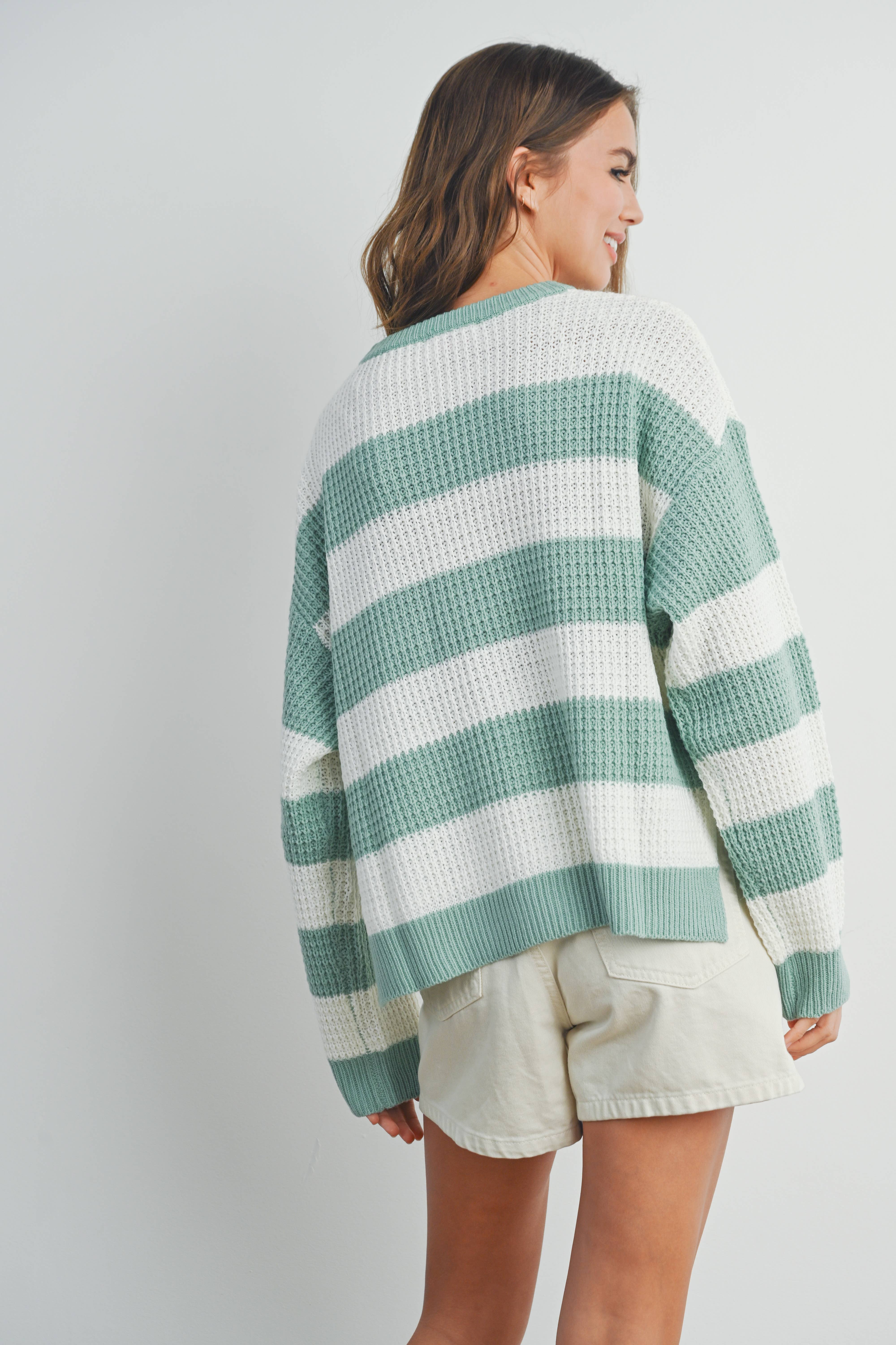 BUTTERMELON - Wholesale Knit Sweater - Women's - Striped Round Neck Long Sleeve Sweater - BMW73299