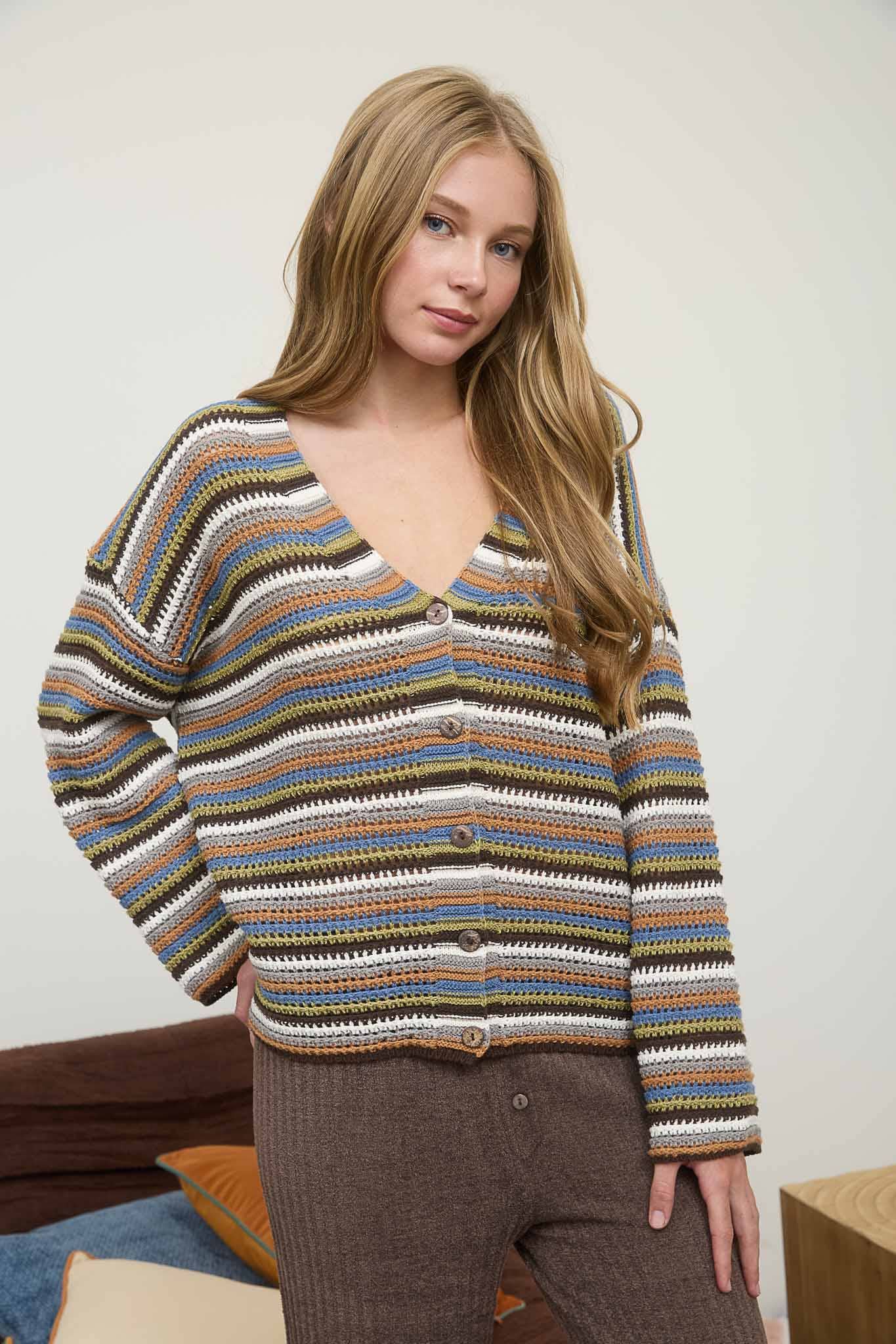 MARRON MULTI CARDIGAN À BOUTONS DÉGRADÉ MULTICOLORE À COL EN V en vente sur Faire