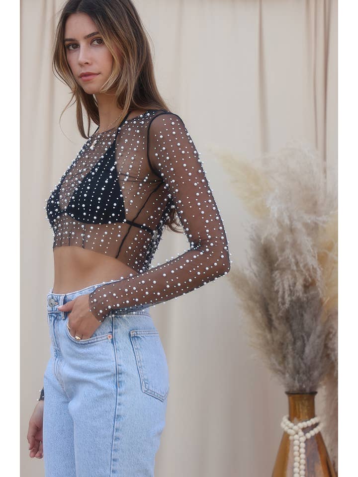 Endless Blu - Wholesale Blouse - Women's - Pearl and Rhinestone Embellished Long Sleeve Mesh Top