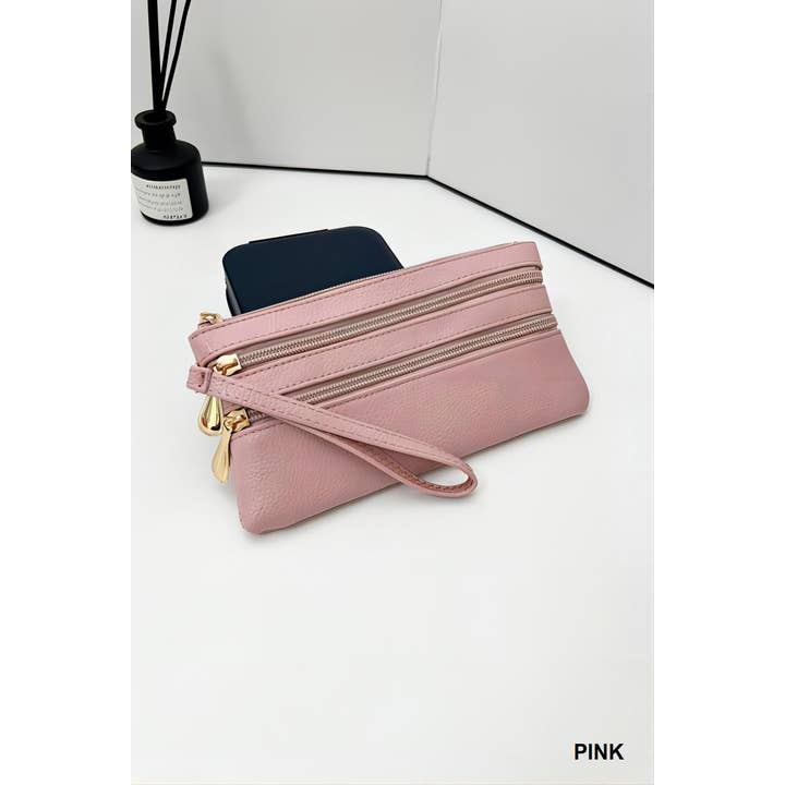 42POPS - Wholesale Wallet - Women's - ,..SI-26468 Vegan Leather Triple Zipper Wrist Wallet Clutch