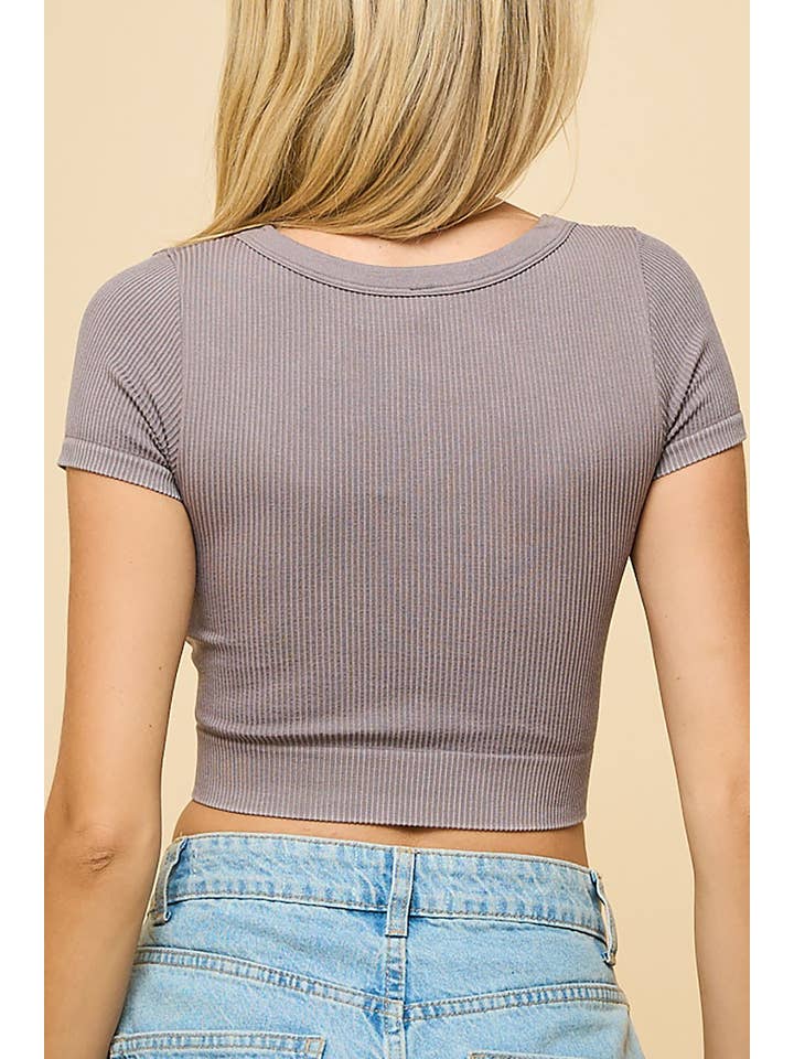 ROUSSEAU - Wholesale Knit Top - Women's - RIBBED KNIT DEEP SCOOP NECK SHORT SLEEVE CROP TOP