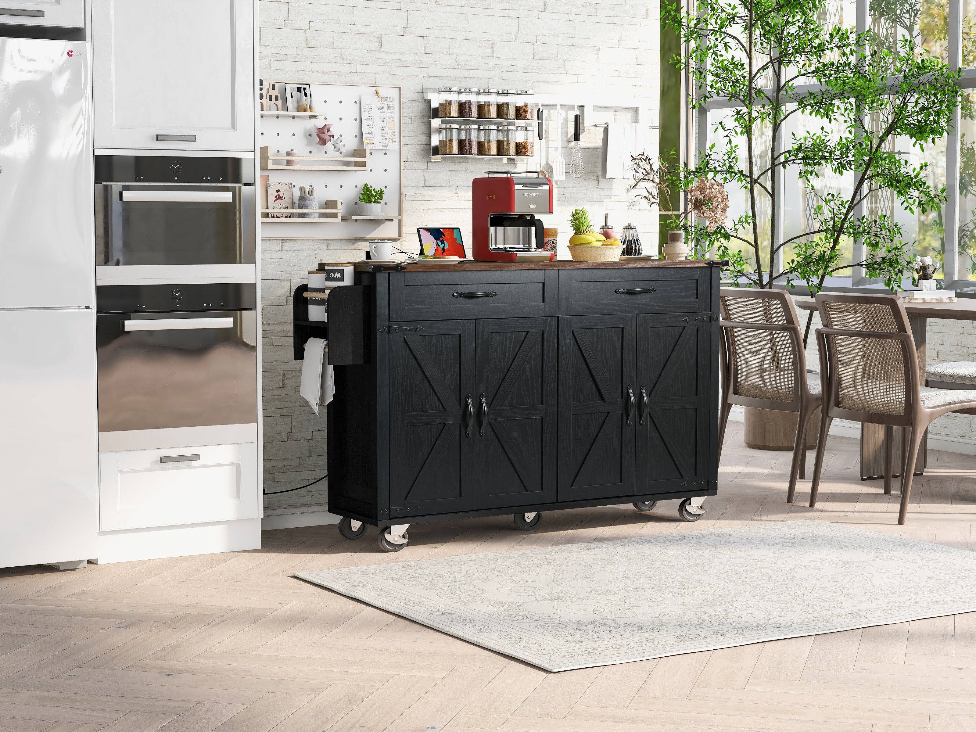 Orange County Decor - Wholesale Kitchen Storage/Organizer - K&K 53.5''Farmhouse Kitchen Island With Power Outlet, Kitchen Storage Island With Drop Leaf, Spice Rack And Drawer, Rolling Kitchen Cart On Wheels, For Home, Kitchen And Dining Room, Black Black3