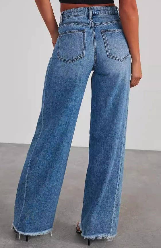 bleu Jean en denim taille haute à jambes larges en vente sur Faire4
