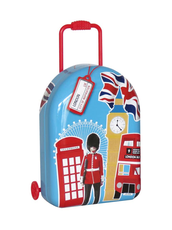 London Wheelie Case Gift Tin with Vegan Fizzy Bears for wholesale by Churchill's Confectionery