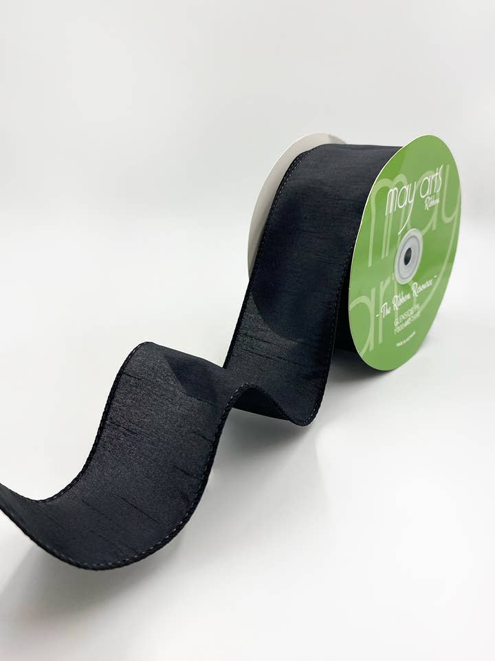 2.5″ Wired Black Faux Dupioni Silk Ribbon for wholesale by May Arts Ribbon