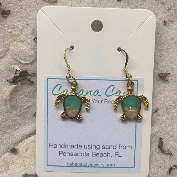 Beach Sand Petite Gold Turtle Earrings (choose your beach) for wholesale by Cabana Cay