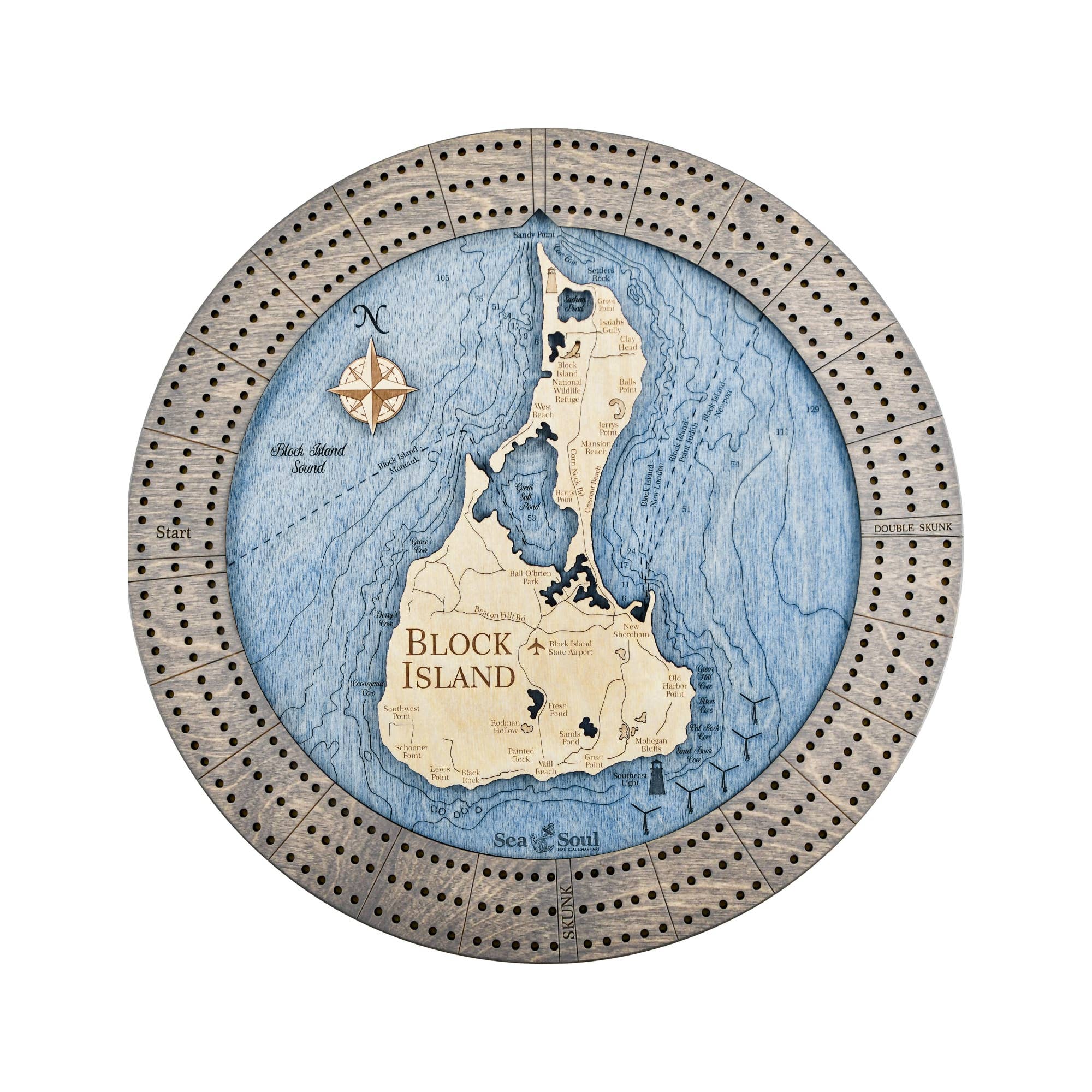 Sea & Soul Nautical Chart Art - Vente Jeux de cartes - Planche de cribbage en bois nautique personnalisée de Block Island12