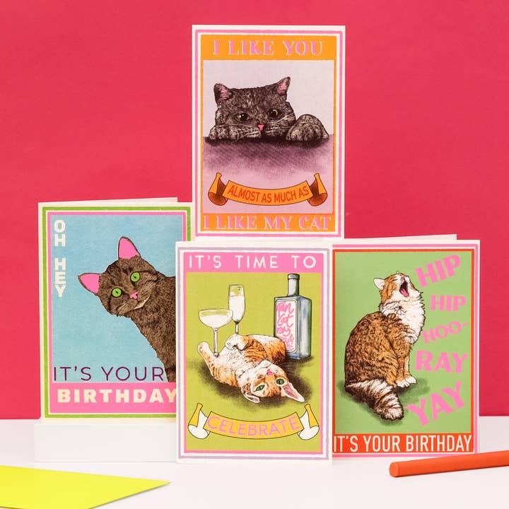 Fawn & Thistle Ltd (US Duties Paid) – postal de parabéns por atacado – Cartão de Aniversário Hip Hip Hooray com Gato | Cartão de Parabéns3
