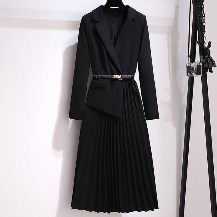 Productseeker - Wholesale Dress - Women's - DR056Y Women Blazer Pleated Dress With Genius Leatther Belt0