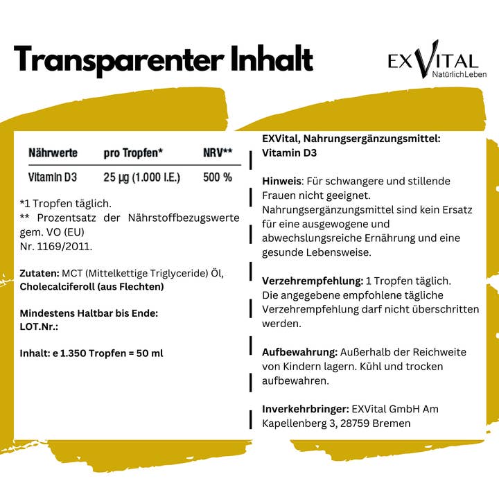 EXVital - Wholesale Oral Supplement/Vitamin - Vitamin D3 – 25 μg per drop - Laboratory tested - 50ml6