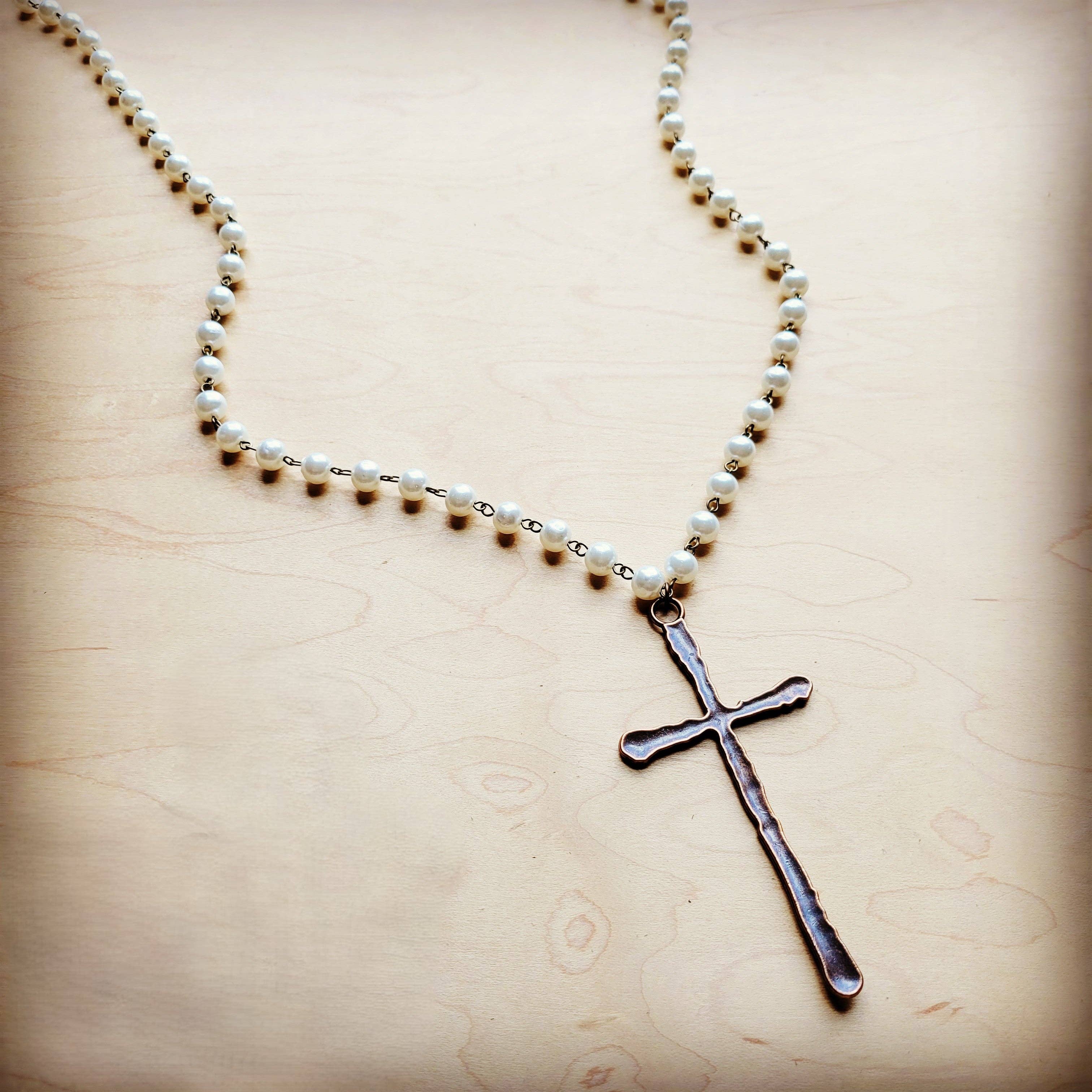 The Jewelry Junkie - Wholesale Pendant/Charm Necklace - Pearl Long Beaded Necklace with Antique Copper Cross 255t0