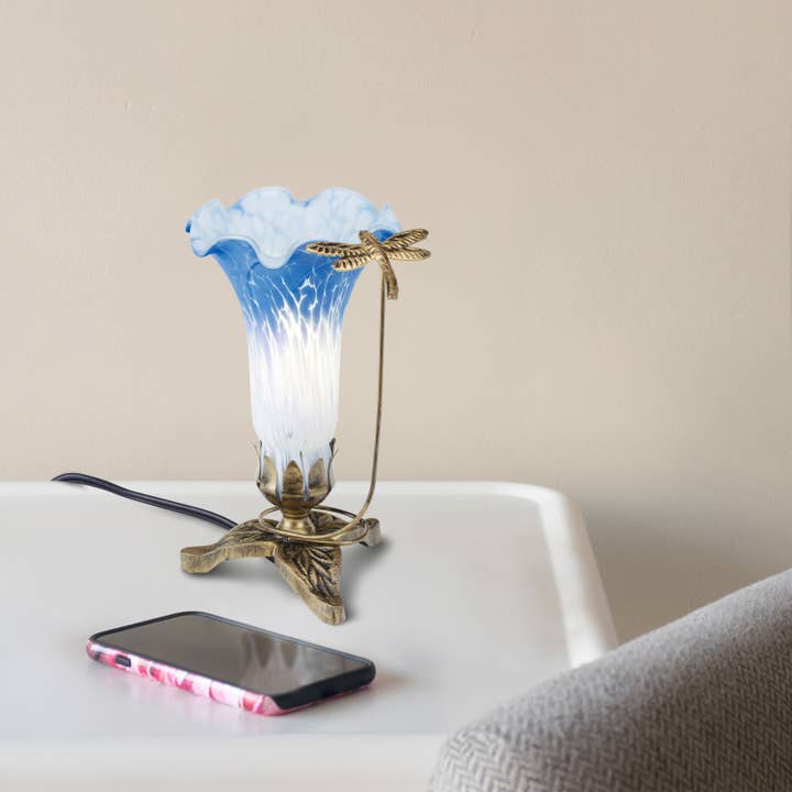 River of Goods - Wholesale Accent/Desk Lamp - 9"H Blue & White Handpainted Glass Dragonfly Lily Lamp5