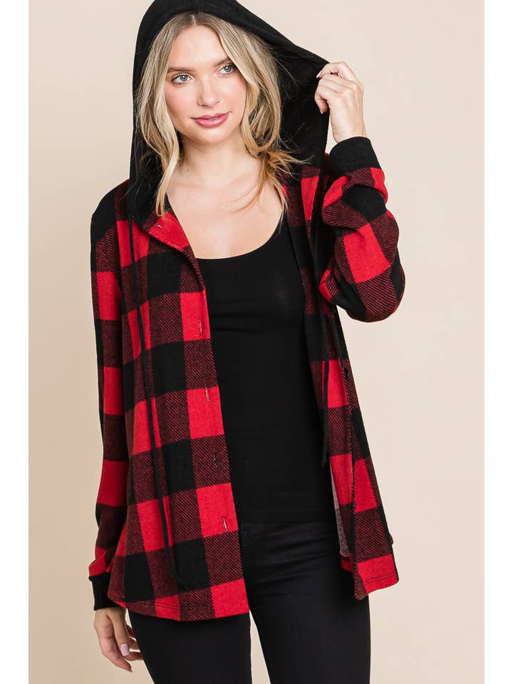 Red Black ETK-8622-PL Plus Size Buffalo Plaid Button Up Jacket for wholesale on Faire4