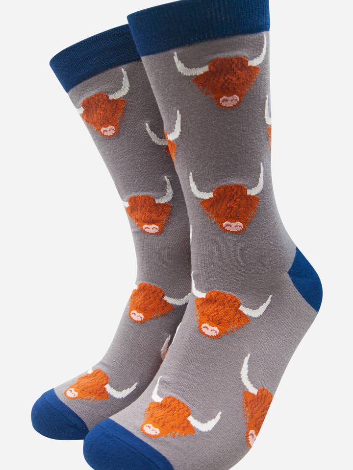 Grey Men's Highland Cow Print Bamboo Socks for wholesale by Sock Talk