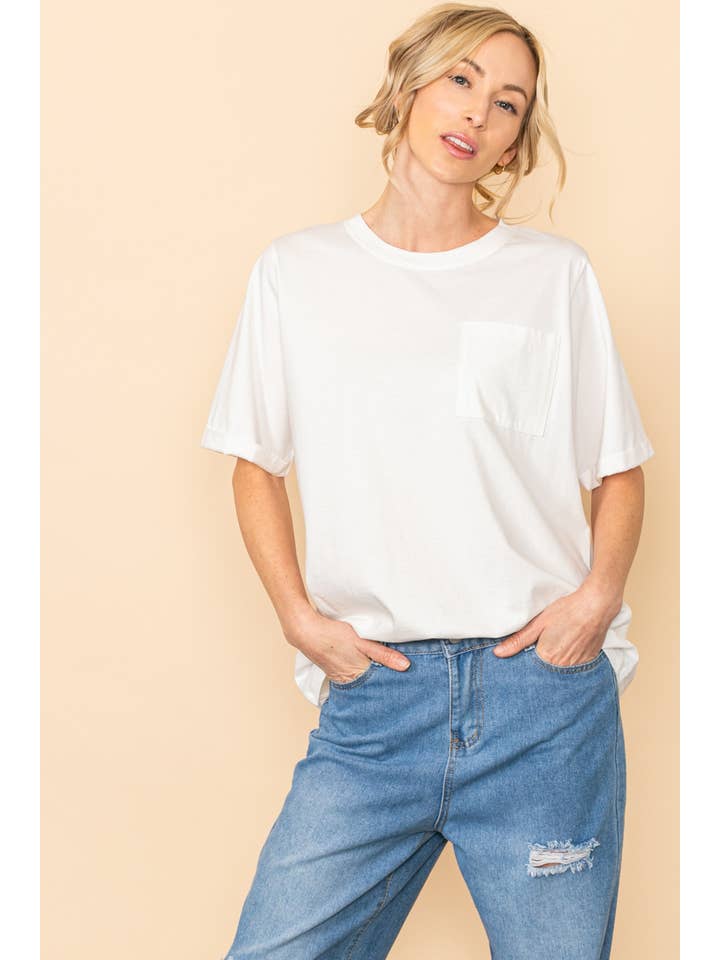 Elloh Collection – wholesale T-shirt – women's – Round Neck Boyfriend Fit Cotton T-Shirt with Front Pocket17