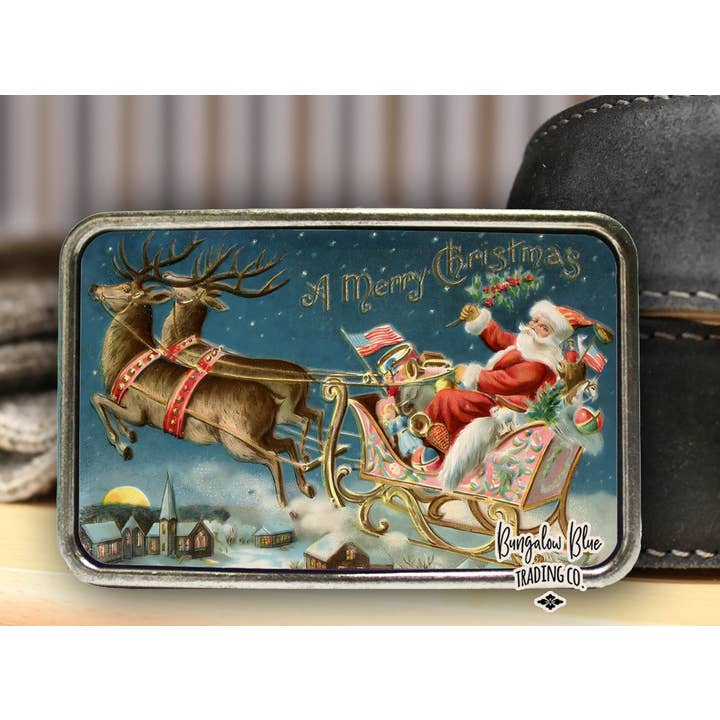 Bungalow Blue Trading Co - Wholesale Belt Buckle - Unisex - Victorian Santa and his Sleigh Christmas Belt Buckle
