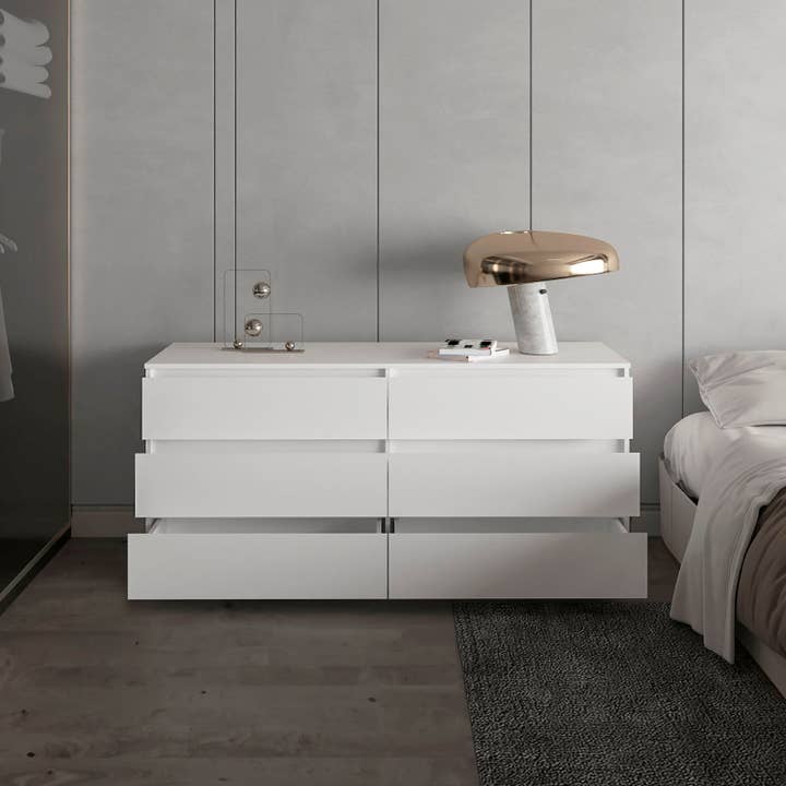 Blank Asteria double dresser in melamine, six drawers for wholesale on Faire4