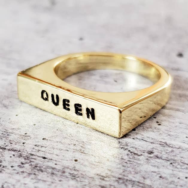 QUEEN Hand-stamped Gold or Silver Flat Top Ring for wholesale by Salt and Sparkle