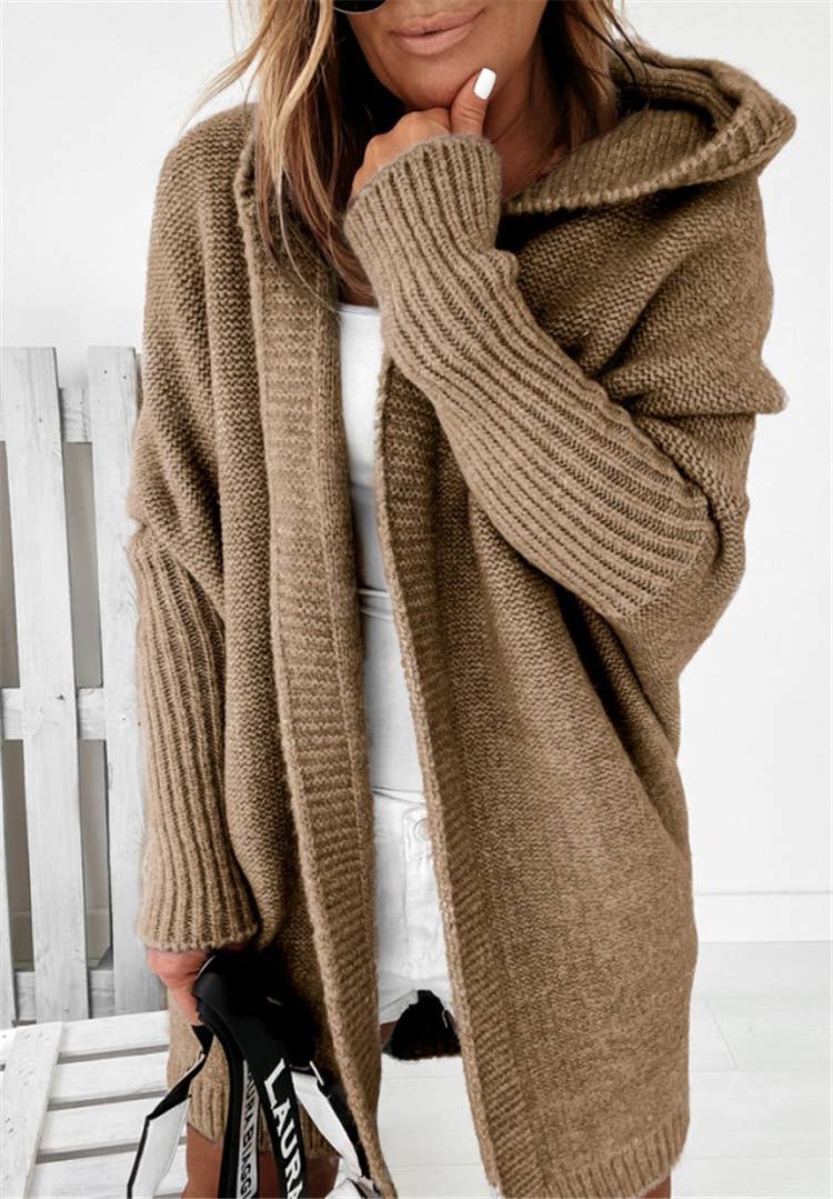 Rosa Clothing - Wholesale Cardigan - Women's - Plain exposed seam Hooded knit long cardigan coat15