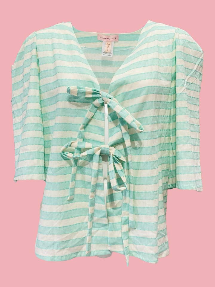 Ribes of LOVE Green Striped V-Neck Bow Shirt for wholesale by RIBES OF LOVE