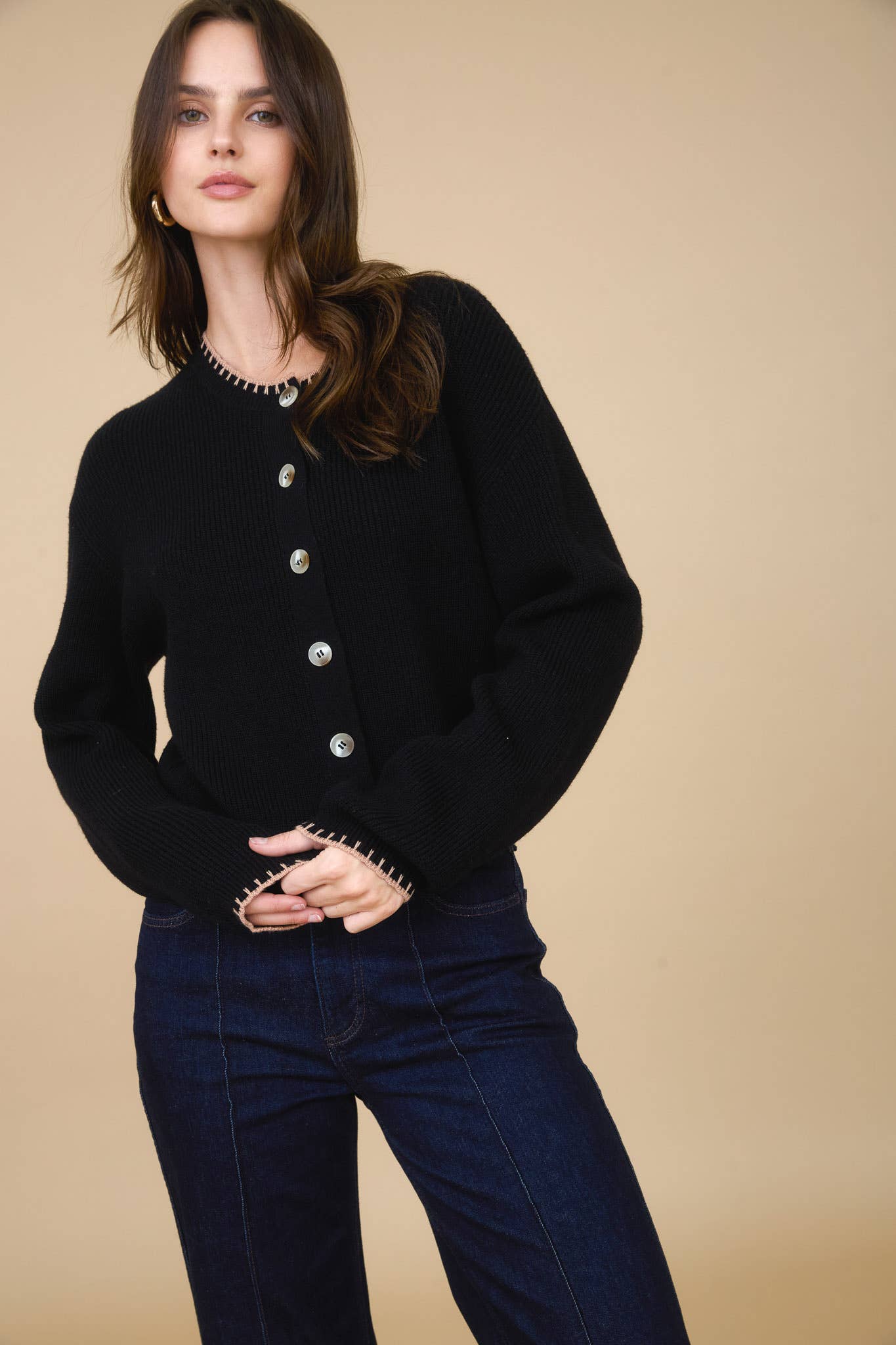 The Workshop Studio - Wholesale Knit Sweater - Women's - CONTRAST STITCH TRIM BUTTON DOWN KNIT CARDIGAN 3