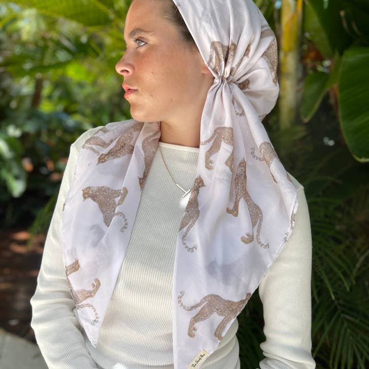 The Scarf Bar - Wholesale Head Scarf - Women's - VERSATILE PRETIED Cream Elegant Cheetah Head Scarf (WITH VELVET GRIP)