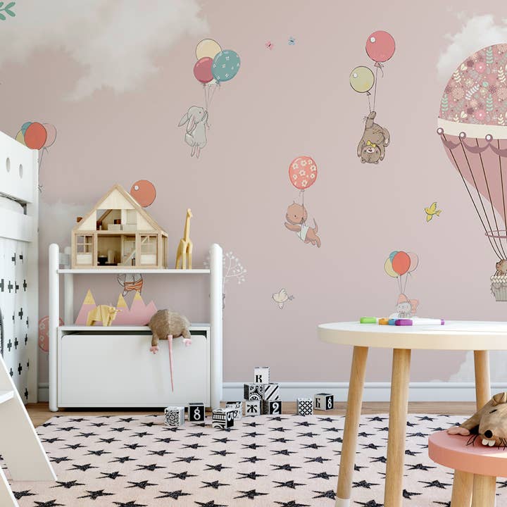 GK Home Decor - Wholesale Wallpaper - Cartoon Animals Hot Air Balloon Kids Wallpaper