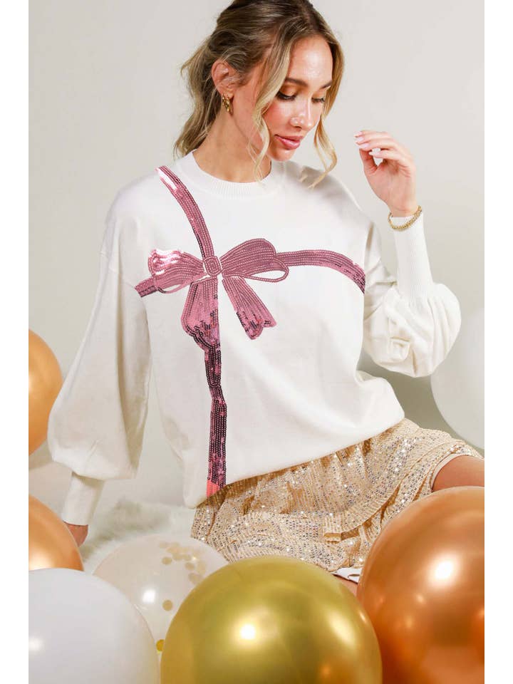 Vine & Love - Wholesale Knit Sweater - Women's - Bow Embroidered Sequin Trim Knitted Sweater Top VT81862